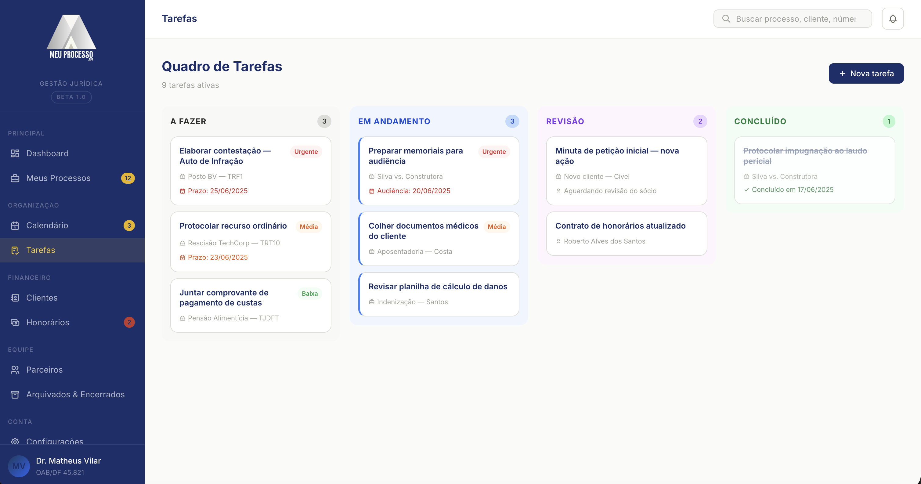 Kanban de tarefas jurídicas para gestão de equipe e escritório de advocacia